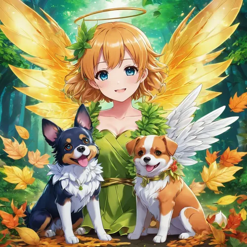 dog angel,corgis,autumn background,magi,christmas angels,angels,leaf background,corgi,fairies,autumn icon,lily family,guardian angel,child fairy,fae,little angels,fall animals,honoka,angel's trumpets,angel,spring leaf background,Illustration,Japanese style,Japanese Style 03