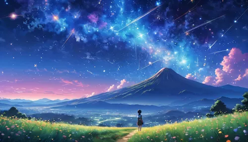 landscape background,fantasy landscape,star sky,starry sky,mountain world,colorful stars,rainbow and stars,dreamscape,fantasy picture,starclan,colorful star scatters,fairy galaxy,beautiful wallpaper,unicorn background,nature background,magic star flower,wonderlands,starlight,full hd wallpaper,starscape,Illustration,Japanese style,Japanese Style 14