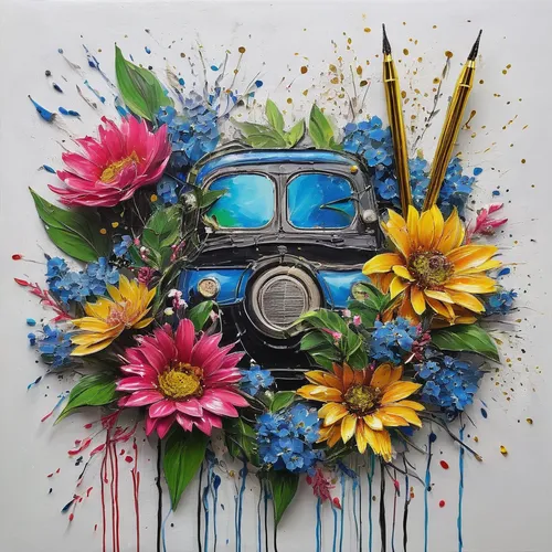 Paint a delightful birthday image with flowers and sparklers,flower art,flower car,car sculpture,wreath of flowers,flower painting,plastic arts,pencil sharpener waste,car radio,day of the dead truck,b