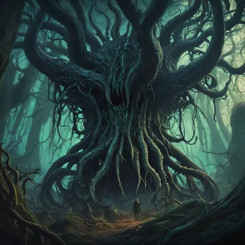 rooted,the roots of trees,creepy tree,gnarled,tree and roots,celtic tree,uprooted,roots,dryad,tree of life,the branches of the tree,haunted forest,forest tree,magic tree,old-growth forest,dragon tree,old tree,elven forest,groot,branching,Illustration,Realistic Fantasy,Realistic Fantasy 47