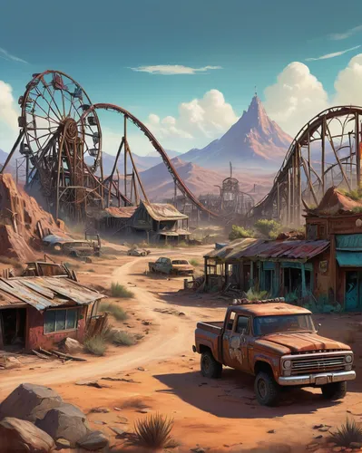 radiator springs racers,wild west,wild west hotel,california adventure,american frontier,wasteland,route 66,route66,the disneyland resort,fallout4,western,pioneertown,car hop,theme park,street canyon,arid land,junk yard,junkyard,desert landscape,post-apocalyptic landscape,Conceptual Art,Oil color,Oil Color 04