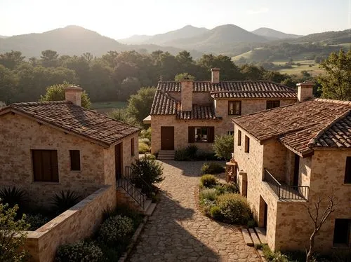 Rustic vernacular architecture, pitched roofs, wooden shingles, terra cotta tiles, clay roofing, thatched roof tops, curved rooflines, natural stone walls, earthy color palette, rural landscapes, roll