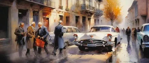 italian painter,street scene,oil painting on canvas,cinquecento,art painting,fiat500,fiat 500,oil painting,fiat cinquecento,fiat 501,fiat 518,morris minor,fiat 600,morris minor 1000,painting technique,via roma,photo painting,watercolor paris,via della conciliazione,renault 4