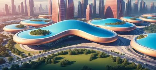 an image of the futuristic city and its surrounding area,futuristic landscape,futuristic architecture,dubailand,arcology,infinity swimming pool,ecotopia