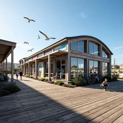 Weathered wooden planks, rusty metal rails, vintage train wheels, nautical-themed signage, seaside-inspired murals, ocean-breeze-weathered fa\u00e7ade, curved architectural lines, large glass windows,