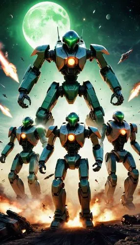 A group of humanoid robots charge towards an intense alien robot, sending bombs flying through the air. The robots take flight, their sharp edges and piercing green eyes glowing with a fierce roar. As