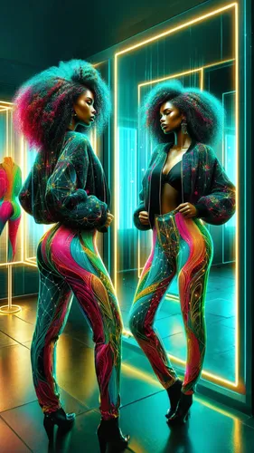 neon art a beautiful African American woman wearing pants that has a geometric tessallation design. and a black jacket bright, vivid, dazzling colors. teal, green, burgundy and gold, her hair is long 