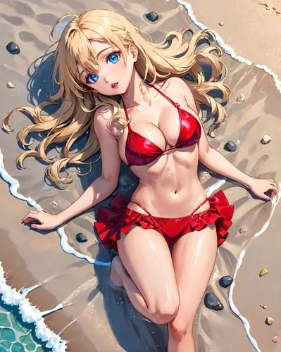 young adult woman. red bikini.
lying on a beach, hot and moist weather. 
long blonde wavy hair, blue eyes, red lips, tan skin.
big breasts, wide hips, fit body. 
holding a soda, visible cleavage. swea