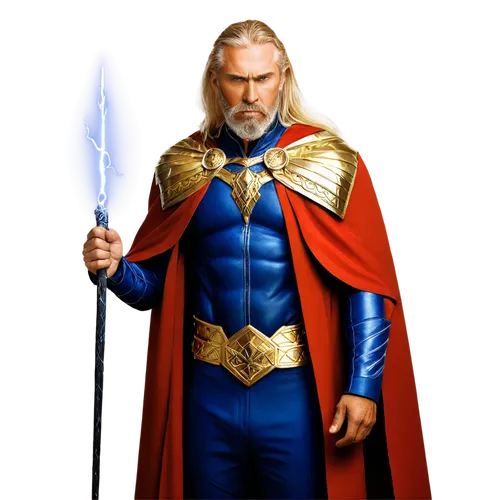 God, powerful, muscular male, long white beard, golden hair, wise eyes, divine aura, ornate armor, cape flowing behind, holding lightning bolts, strong jawline, serious facial expression, dramatic lig