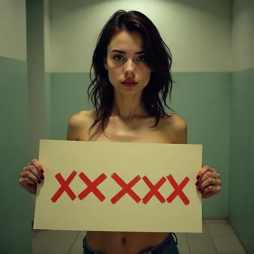 a sexy woman holding a sign "xxxxxxx",a women holding a sign in a room,sexless,anorexia,femen,girl holding a sign,objectification,xcx