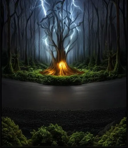 night forest, bushes and tetric trees at night with a lighting storm. the tree in the center seems to represet the figure of a man
,magic tree,forest background,burning tree trunk,the roots of trees,n