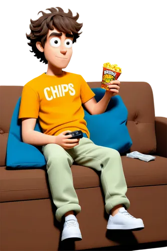 Lazy boy, cartoon style, sitting on couch, worn-out sofa, messy hair, sleepy eyes, sweatpants, oversized t-shirt, holding remote control, snacking on chips, empty snack packets around, dim lighting, w