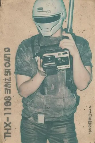 Color the drawing in post-apocalyptic, cyberpunk, vaporwave style,a man holding a camera and recording an image,cd cover,popchanka,radio cassette,operator,klf,obsolete,Photography,Documentary Photogra