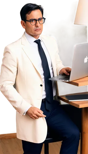 Adults webpage, mature atmosphere, modern interior design, wooden desk, leather chair, floor lamp, MacBook, coffee cup, notebook, pen holder, calm facial expression, 30-40 years old, formal wear, whit