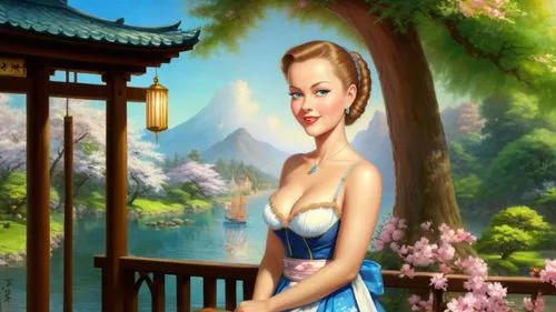 Romantic masterpiece oil painting, cute shrine maiden girl portrait, nostalgic 1950's style kitsch, beautiful exotic Japanese landscape, cherry blossom park scenery, Japanese sakura, flower petals, by