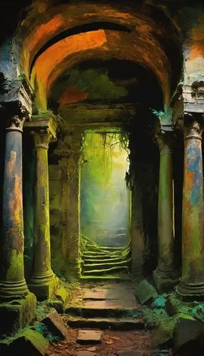 Ancient tomb, mysterious ambiance, dimly lit, stone walls, intricate carvings, dusty air, eerie silence, abandoned, overgrown with vines, moss-covered statues, crumbling pillars, treasure chests, anci