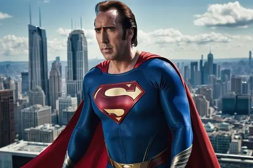 Nicolas Cage, Superman costume, muscular build, intense gaze, strong jawline, iconic S shield on chest, blue and red suit, cape flowing behind, dynamic pose, fists clenched, cityscape background, Metr