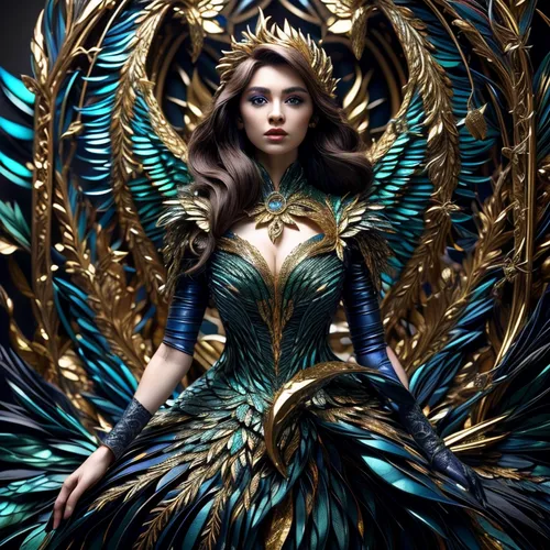 blue enchantress,fantasy art,queen of the night,fairy peacock,the enchantress,fantasy woman,fairy queen,goddess of justice,sorceress,peacock,fantasy portrait,baroque angel,queen cage,archangel,masquerade,gold foil art,faery,priestess,the zodiac sign pisces,laurel wreath