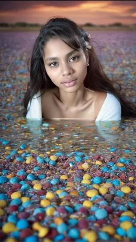 Tienes el cielo en tus ojos y en tu boca un manantial eterno de dulces besos,a woman swims in the water surrounded by many colorful pebbles,mapei,marshallese,lumidee,mermaid background,blurred backgro