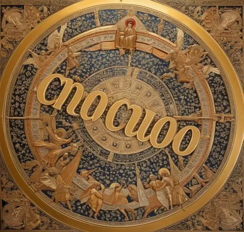 the back side of an ancient clock has gold lettering on it,station clock,chromolithography,azulejo,clock,azulejos,wall clock,Illustration,Realistic Fantasy,Realistic Fantasy 43