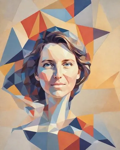 portrait in the style of polygonal painting in the style of Alexander Deineka, the face is divided into colored polygons of different sizes, mosaic, a combination of complex cold and warm colors, play