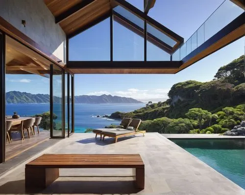 Modern luxurious villa, New Zealand style, angular lines, wooden accents, large glass windows, sliding doors, minimalist interior, open-plan living area, high ceiling, wooden beams, stone walls, lush 