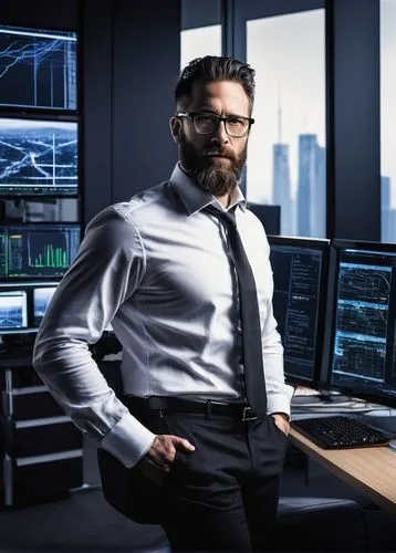 Modern software architect, male, 35yo, beard, glasses, professional attire, white shirt, black tie, dark jeans, standing, confident pose, futuristic office background, city skyscraper view, multiple s