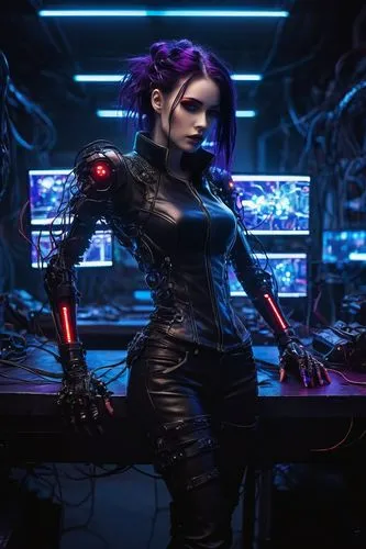 demonic AI, futuristic laboratory, neon lights, cyberpunk atmosphere, dark purple hair, glowing red eyes, pale skin, black leather jacket, torn jeans, heavy boots, intricate mechanical arms, wires exp