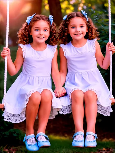 Conjoined twins, identical sisters, sweet smiles, curly brown hair, bright blue eyes, matching white dresses, lace socks, black Mary Jane shoes, holding hands, sitting on a swing, warm sunlight, soft 