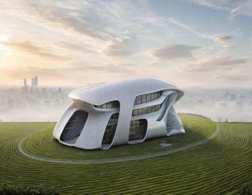 I want it to be zaha hadid is work with green land surrounded by buildings and companies,cube house,futuristic architecture,cube stilt houses,futuristic art museum,futuristic landscape,cubic house,eco