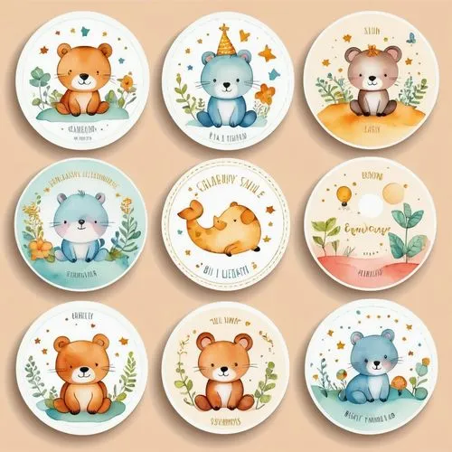 round labels for children's souvenirs with cute minimalist elements and well-made vector drawing style, detailed and with watercolor effects with a birth celebration theme,kawaii animal patches,round 