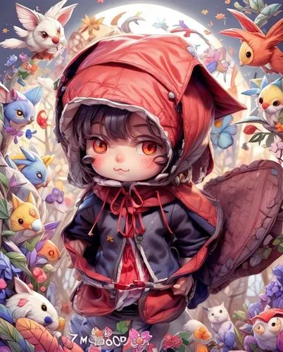 little red riding hood,royo,red riding hood,nue,nobukatsu,fairy tale character,smolla,storybook character,maplestory,children's background,chibi,touhou,cute cartoon character,orin,chibi children,fairy penguin,dante,nightingale,akatsuki,cardcaptor