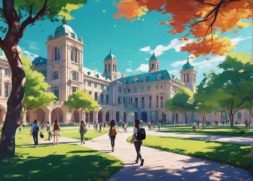 Modern university campus, prestigious architecture school, grandiose stone buildings, intricate details, sprawling green lawns, mature trees, sunny day, clear blue sky, students walking in casual clot