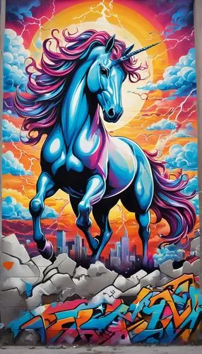 ((mefisto num lindo lugar numa pose sensual, pintada num mural de um prédio)). Sunset and lightning with lots of unicorn.This transformation is captured in high-definition. Surrounding iridescent bodi