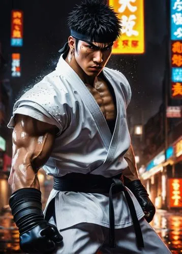 Street Fighter AI, male, muscular, Ryu-like, serious facial expression, piercing brown eyes, spiky black hair, worn-out gloves, white martial arts uniform with torn sleeves, black belt, intense fighti