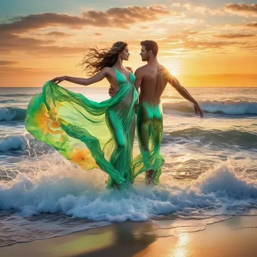 riverdance,loving couple sunrise,romantic scene,sea water splash,dancing couple,beautiful beach,Art,Classical Oil Painting,Classical Oil Painting 01