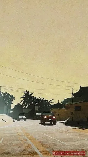 two cars parked on a road next to a building,ruscha,kiarostami,matruschka,empty road,altadena,street scene,Illustration,Paper based,Paper Based 07