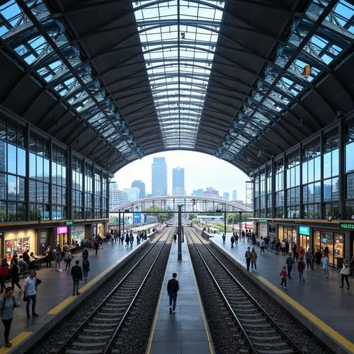 Modern train station, curved glass facade, dynamic LED lighting, sleek metal framework, futuristic architecture, high-speed rail tracks, bustling urban environment, morning commute, soft natural light