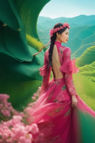 an elegant asian lady, wearing a deep pink cherry backless flowy dress, the background of beautiful deep emerald terraced fields,a chinese girl is wearing a pink dress in the countryside,shruthi,anark