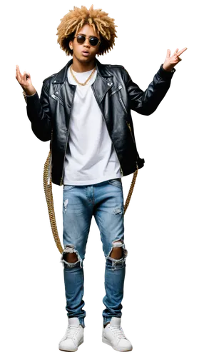 Rap artist, confident posture, gold chain, sunglasses, Afro hair, bold facial expression, urban outfit, black leather jacket, white T-shirt, ripped jeans, sneakers, mic in hand, one leg bent, dynamic 