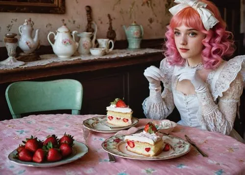 Whimsical strawberry shortcake, colorful dessert, sweet treats, delicate hands holding plate, lace gloves, Victorian-era inspired dress, pastel pink hair bows, big bright eyes, rosy cheeks, gentle smi