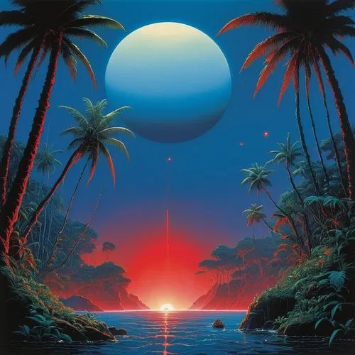 ocean paradise,tropics,paraiso,bahama,paradisus,tropical sea,palmtrees,tropical island,neotropical,oasis,futuristic landscape,horizon,paradiso,alien planet,oceanica,lagoon,tropicale,kahuna,tropicalismo,dusk,Conceptual Art,Sci-Fi,Sci-Fi 21