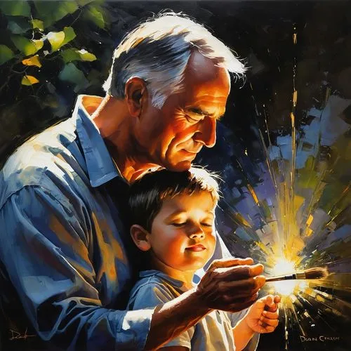 An oil painting depicting A father's love is a guiding light that never fades. clearly showing the brush strokes and texture
,a man lighting soing with a  on his lap,struzan,elderly couple,oil paintin