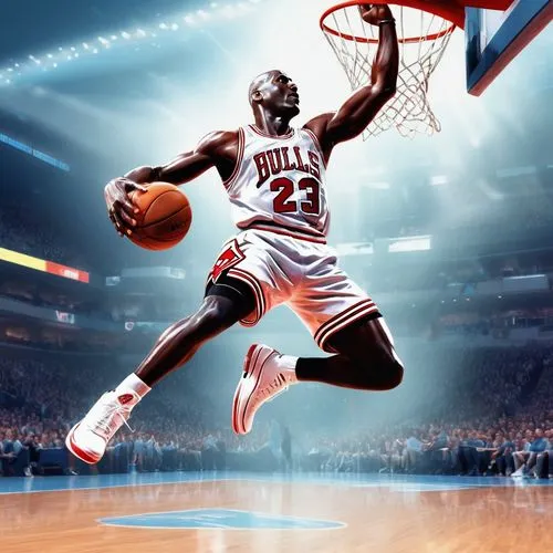 Michael Jordan slam dunk in pixar 3d style,a painting of michael jordan running to a basketball hoop,michael jordan,airness,shuttlesworth,mutombo,wade,stoudamire,drexler,lebron,swingman,ewing,dwyane,p