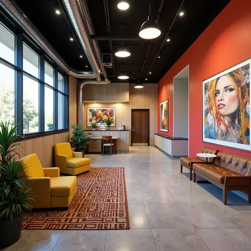 Vibrant postmodern clinic, bold color schemes, eclectic furniture, playful textures, abstract artwork, sleek metal accents, polished concrete floors, exposed ductwork, industrial-chic lighting, reclai