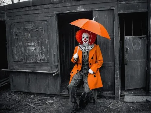 horror clown,creepy clown,scary clown,rodeo clown,clown,joker,it,conceptual photography,halloween travel trailer,man with umbrella,ringmaster,ronald,raincoat,cosplay image,trickster,traffic cone,rain suit,circus animal,murcott orange,clowns,Photography,Black and white photography,Black and White Photography 08