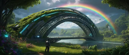 rainbow bridge,stargate,semi circle arch,arch,round arch,half arch,natural arch,raimbow,heaven gate,archway,electric arc,arc,el arco,rainbow background,prism,rainbow,fantasy landscape,rainbow and stars,ark,rose arch,Conceptual Art,Sci-Fi,Sci-Fi 09