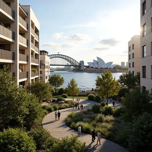 Vibrant Sydney Harbour, iconic Opera House, lush greenery, native Australian flora, walking trails, scenic lookout points, modern social housing, sleek balconies, floor-to-ceiling windows, minimalist 