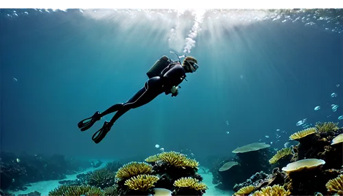 Underwater scene, dark blue water, coral reef, seaweed swaying, school of fish swimming, scuba diver in distance, shiny metal oxygen tank, regulator in mouth, wetsuit, bubbles rising, sunlight filteri