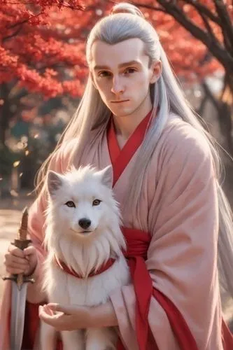 the lady is holding a white dog while she has grey hair,inuyasha,shibusawa,yushenkov,wuxia,yiji,amaterasu